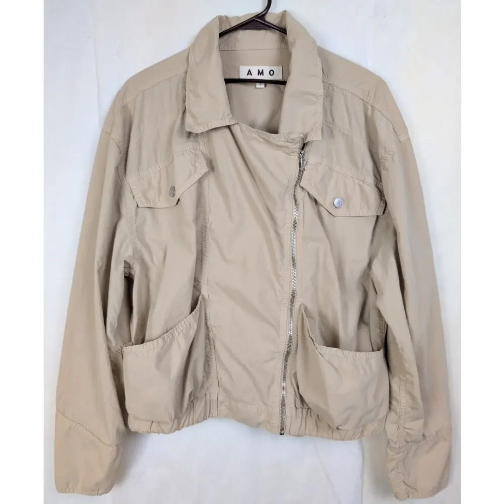 AMO Bridle tan cotton jacket Size Large Lightweight Minimal Moto Coastal